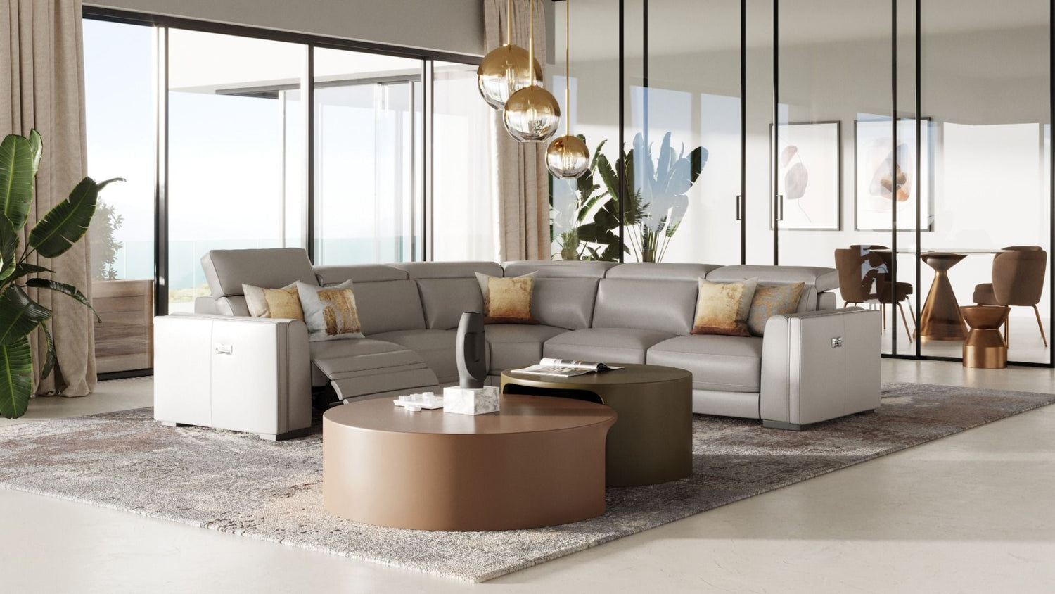 Modrest Frazier - Modern Light Grey Leather Sectional Sofa with 3 Recliners - Home Elegance USA