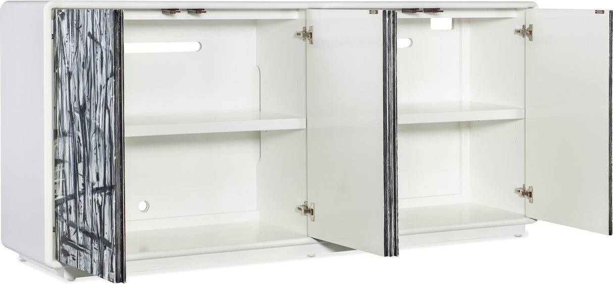 Back view of the Mélange Graffitio Credenza displaying wire management openings for media devices