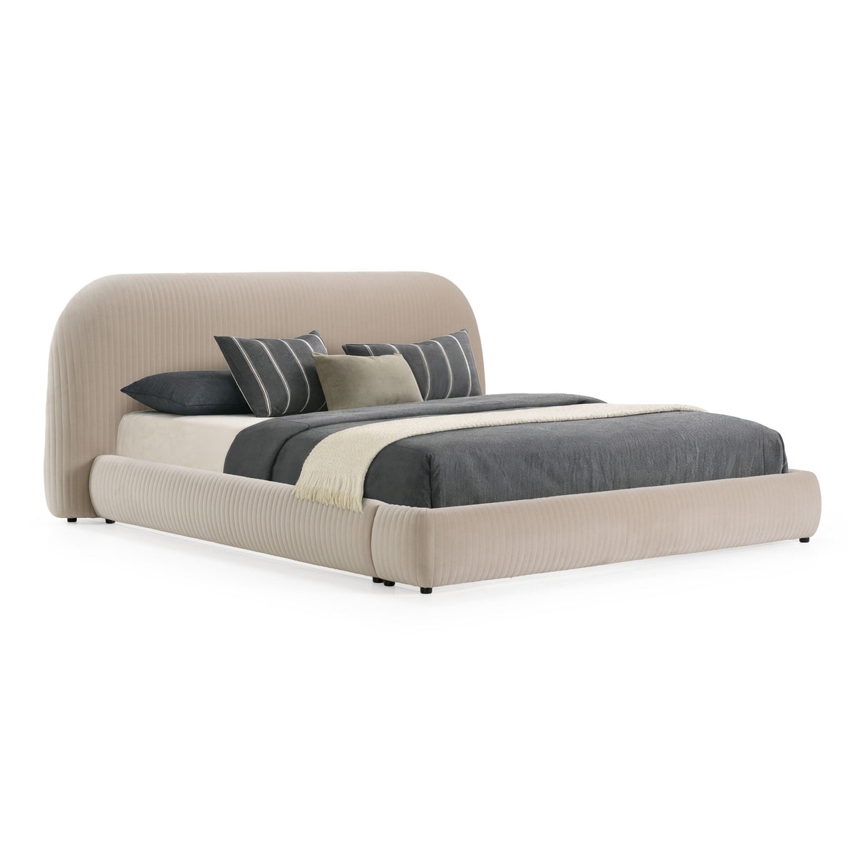 Eastern King Hortman + Chelton - Modern Beige Velvet + Walnut 4-Piece Bedroom Set
