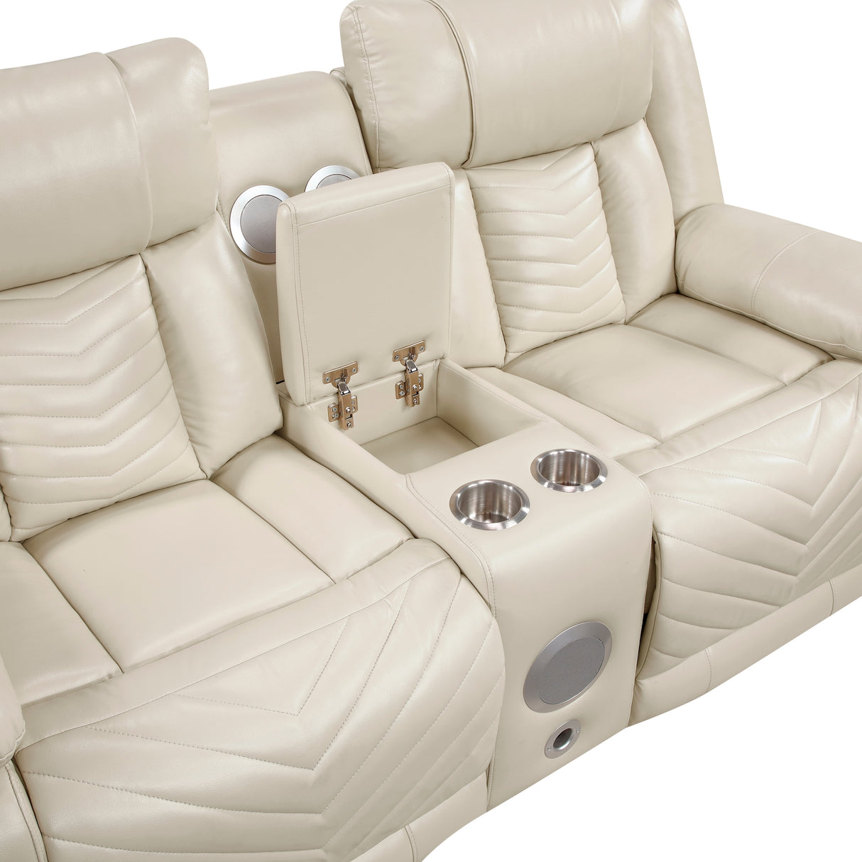 Huron Loveseat Center Console with Cup Holders and Storage open