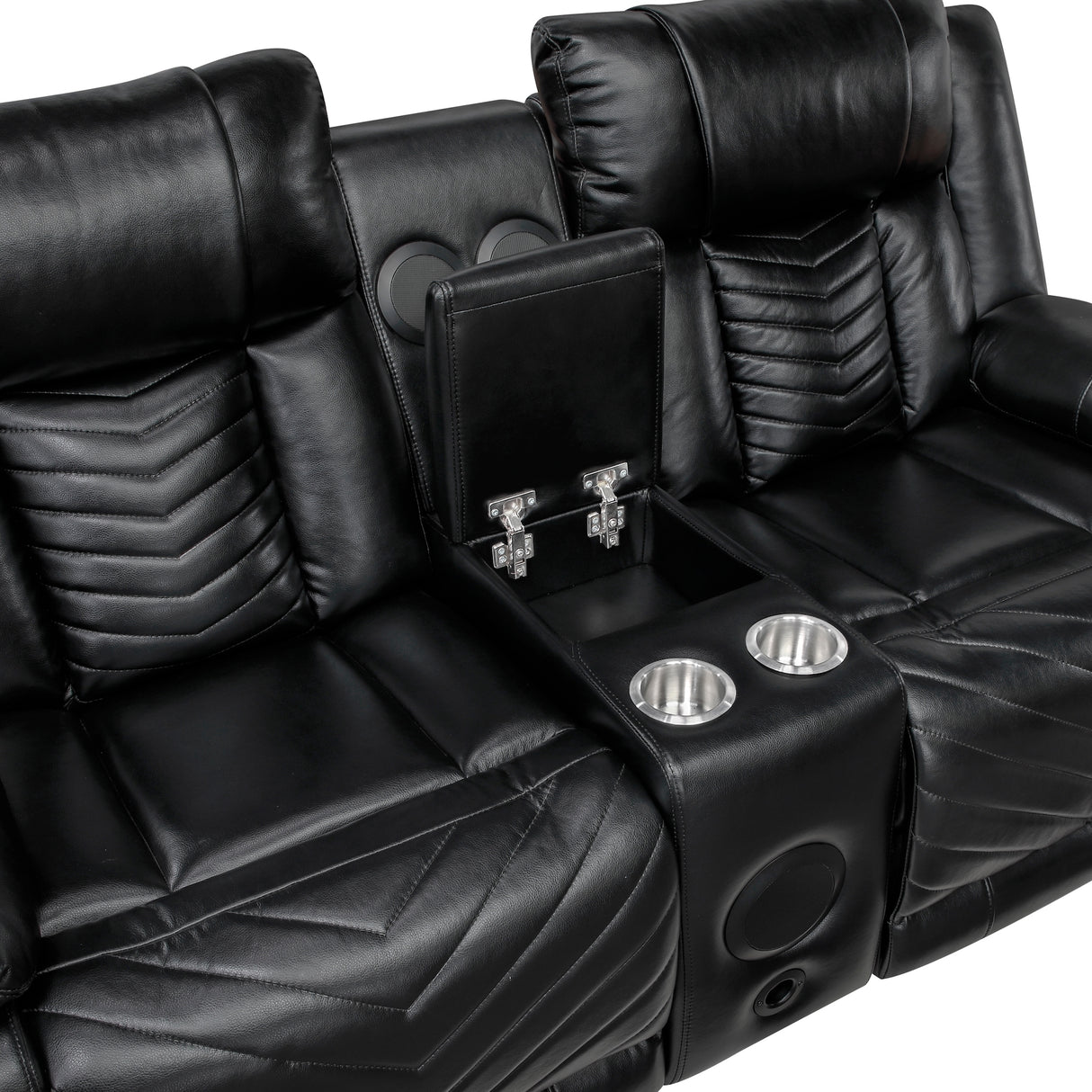 Luxury Power Double Reclining Loveseat with Console and Speakers - open