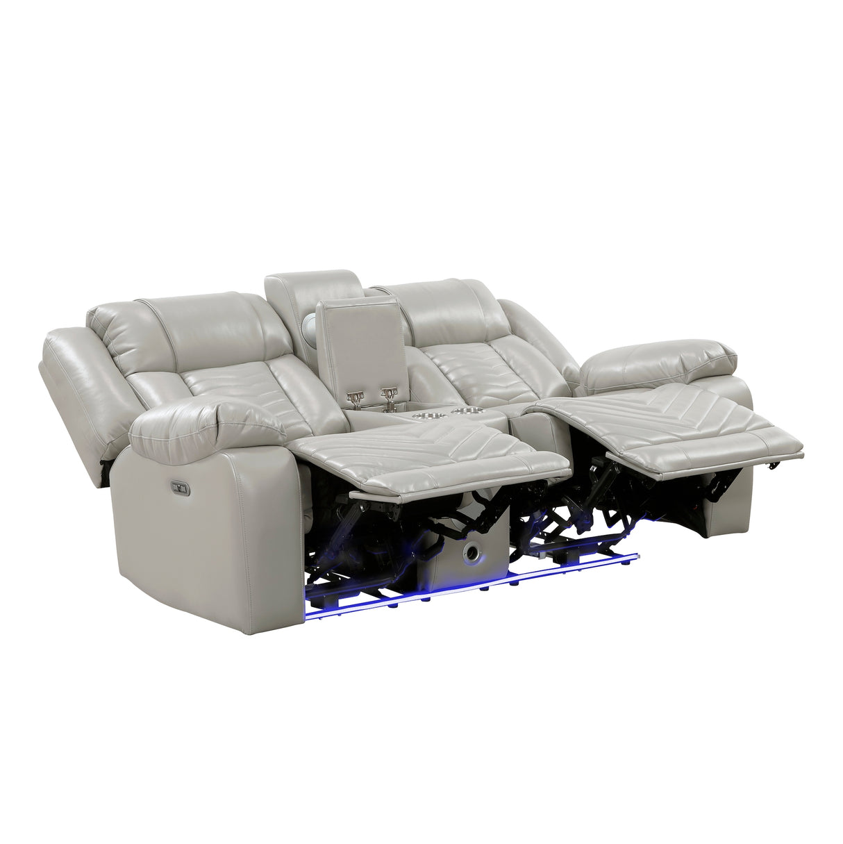 Dual power reclining loveseat fully extended showing leg support and LED base lighting