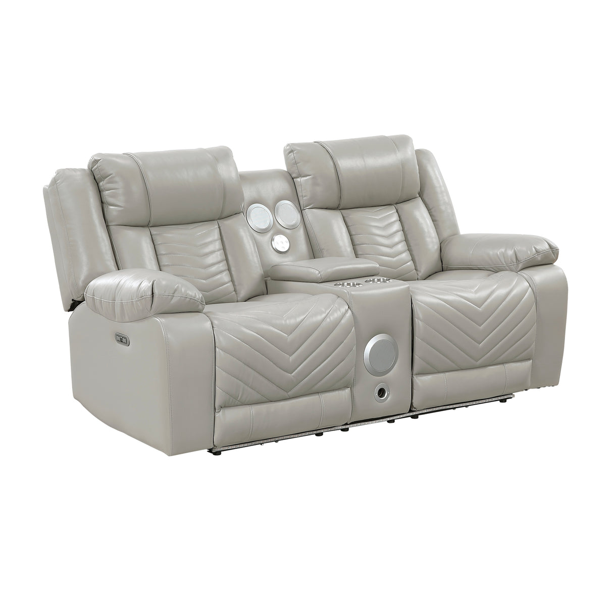 Side angle of Huron power reclining loveseat in gray faux leather with USB charging ports and plush cushions