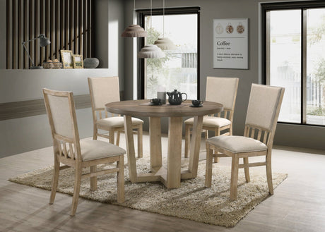 Brutus Vintage Walnut 5 Piece 47" Wide Contemporary Round Dining Table Set with Wheat Colored Fabric Chairs | Home Elegance USA