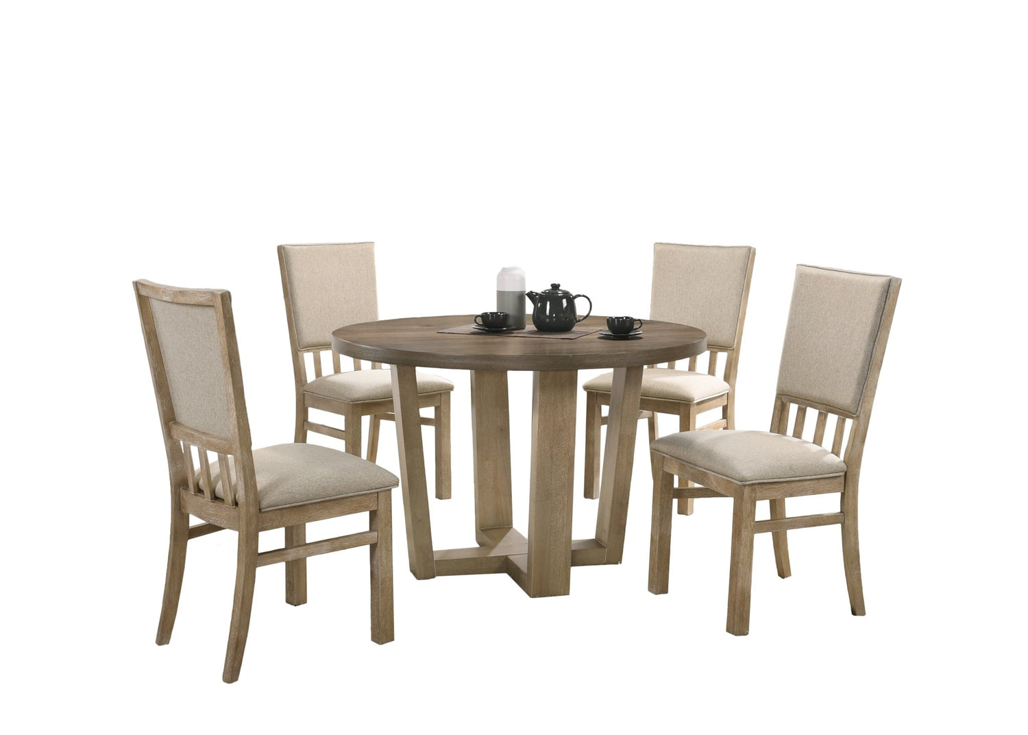 Brutus Vintage Walnut 5 Piece 47" Wide Contemporary Round Dining Table Set with Wheat Colored Fabric Chairs | Home Elegance USA