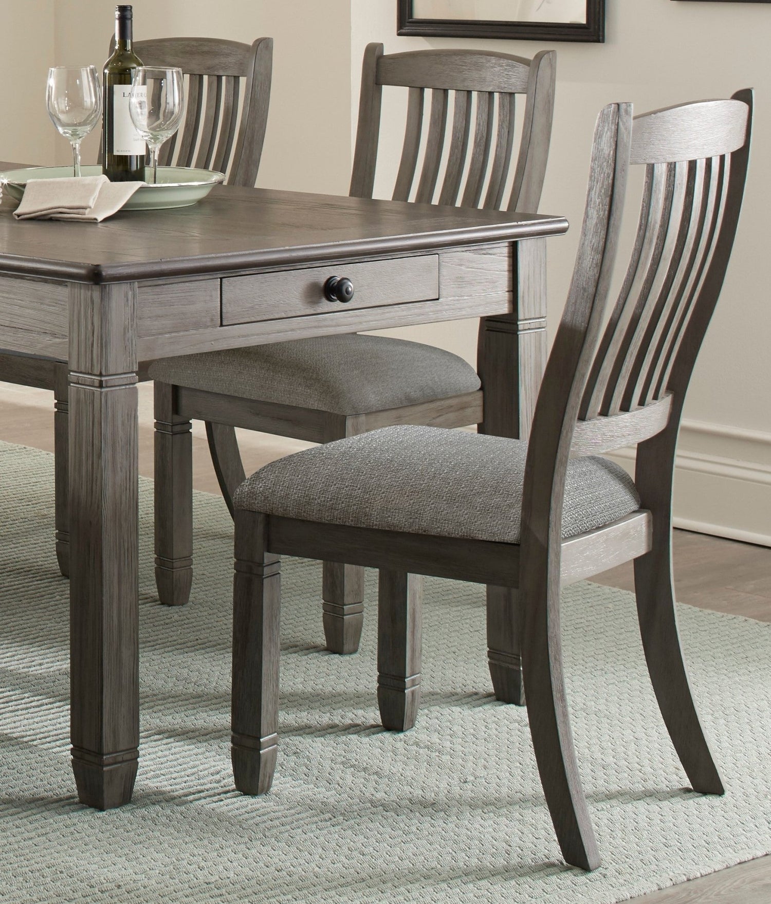 Antique Gray and Coffee Finish 6pc Dining Set Table w 6x Drawers Upholstered Bench 4x Side Chairs Casual Country Style Dining Room Furniture | Home Elegance USA