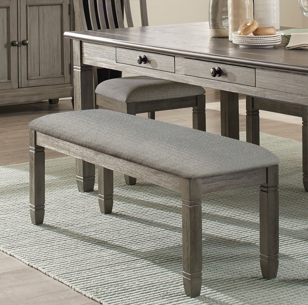 Antique Gray and Coffee Finish 6pc Dining Set Table w 6x Drawers Upholstered Bench 4x Side Chairs Casual Country Style Dining Room Furniture | Home Elegance USA