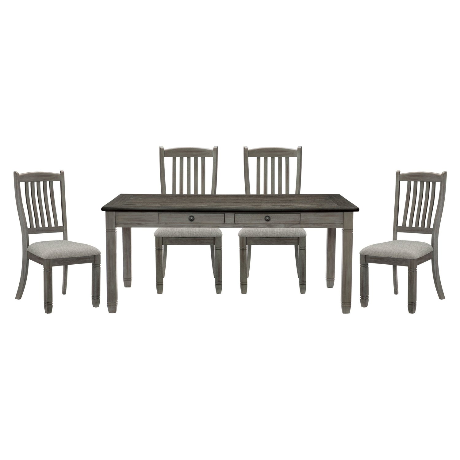Antique Gray and Coffee Finish 5pc Dining Set Table w 6x Drawers Upholstered 4x Side Chairs Casual Country Style Dining Room Furniture | Home Elegance USA