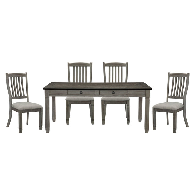 Antique Gray and Coffee Finish 5pc Dining Set Table w 6x Drawers Upholstered 4x Side Chairs Casual Country Style Dining Room Furniture | Home Elegance USA