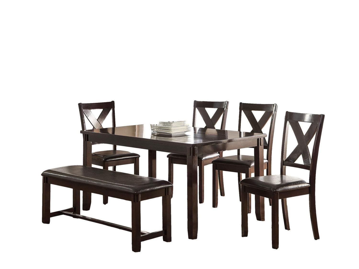 Dining Room Furniture Casual Modern 6pc Set Dining Table 4x Side Chairs and A Bench Rubberwood and Birch veneers Espresso Finish | Home Elegance USA