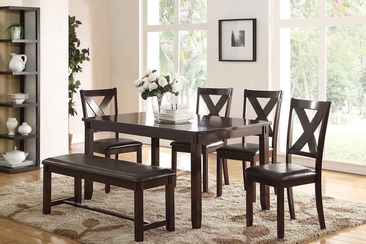 Dining Room Furniture Casual Modern 6pc Set Dining Table 4x Side Chairs and A Bench Rubberwood and Birch veneers Espresso Finish | Home Elegance USA