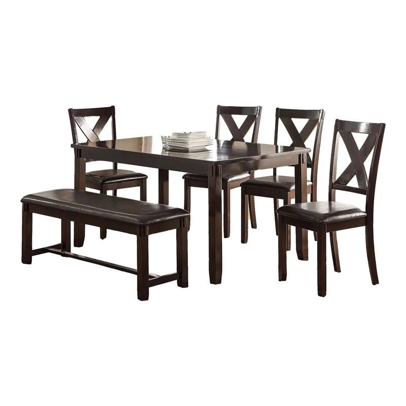 Dining Room Furniture Casual Modern 6pc Set Dining Table 4x Side Chairs and A Bench Rubberwood and Birch veneers Espresso Finish | Home Elegance USA