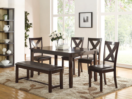Dining Room Furniture Casual Modern 6pc Set Dining Table 4x Side Chairs and A Bench Rubberwood and Birch veneers Espresso Finish | Home Elegance USA