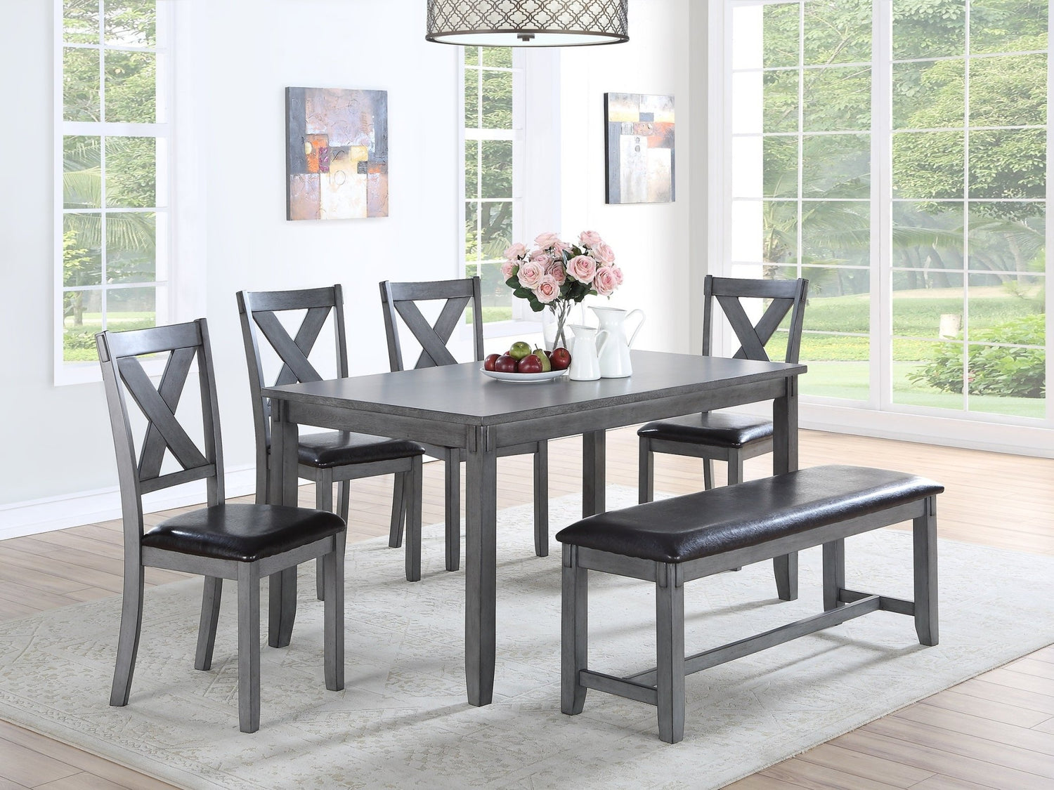 Dining Room Furniture Casual Modern 6pc Set Dining Table 4x Side Chairs and A Bench Rubberwood and Birch veneers Gray Finish | Home Elegance USA
