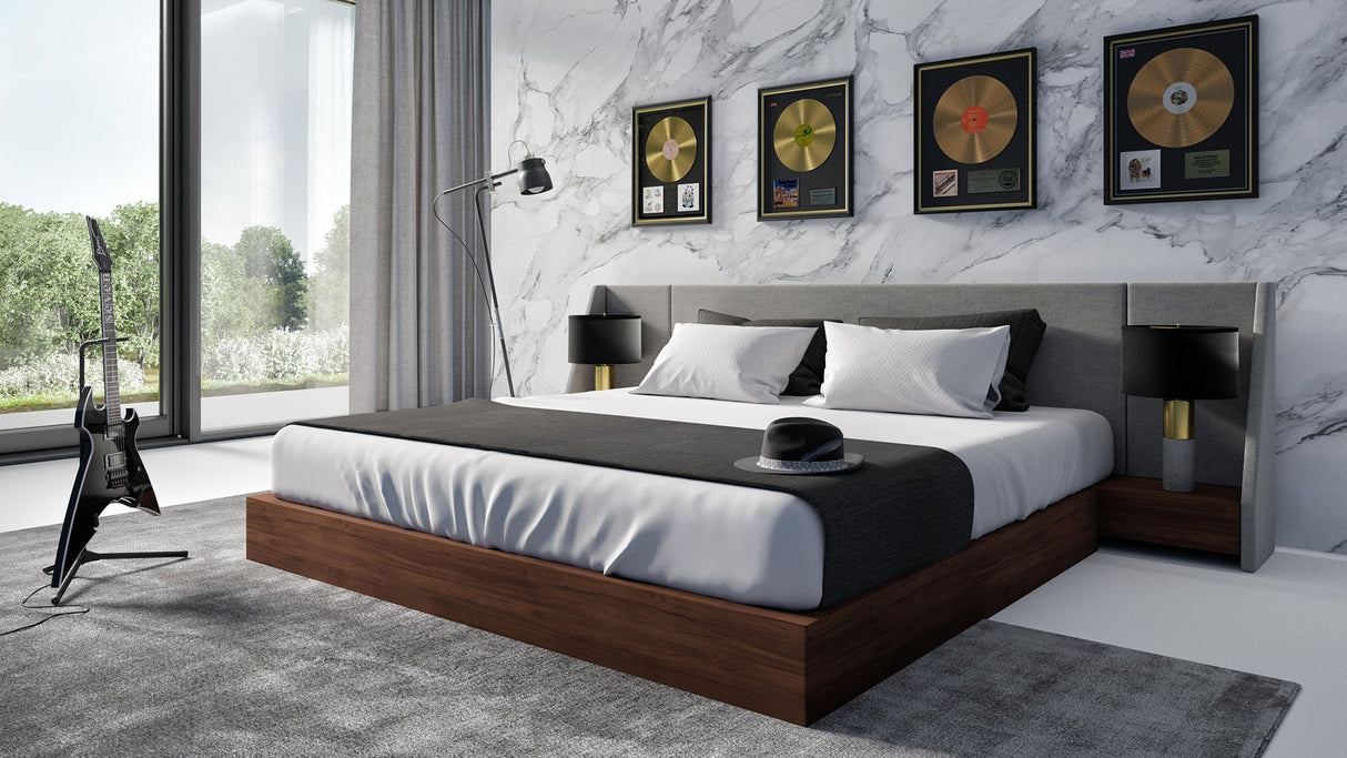 Eastern King Janice - Modern Grey Fabric and Walnut Bed and Nightstands