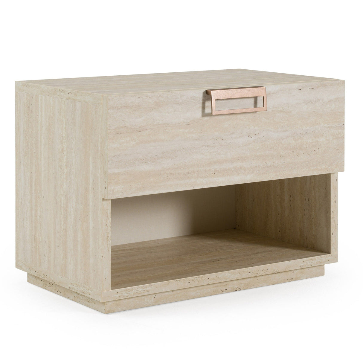 Eastern King Kiro + Lago - Modern Tan Fabric + Faux Travertine 4-Piece Bedroom Set