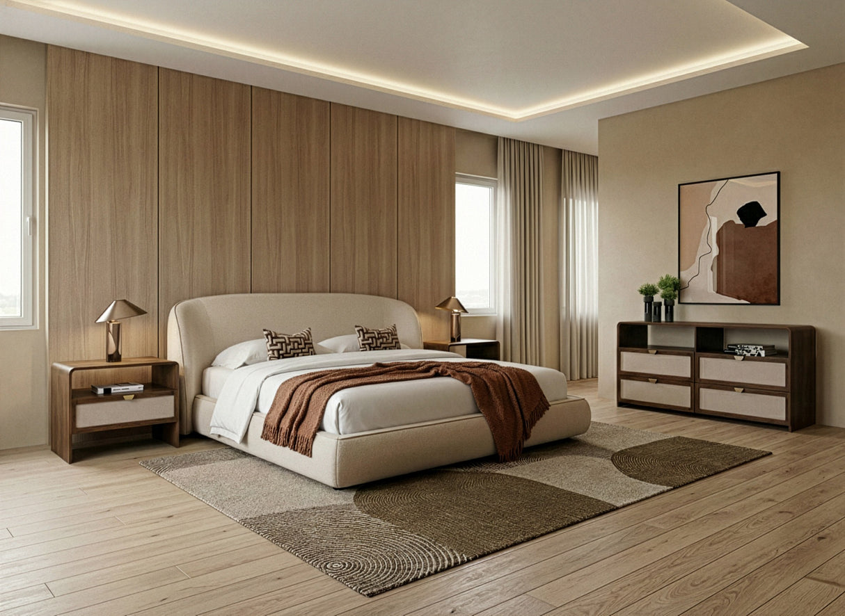 Eastern King Lambert + Emilio - Modern Beige Fabric + Walnut + Burlap 4-Piece Bedroom Set - View Image 1