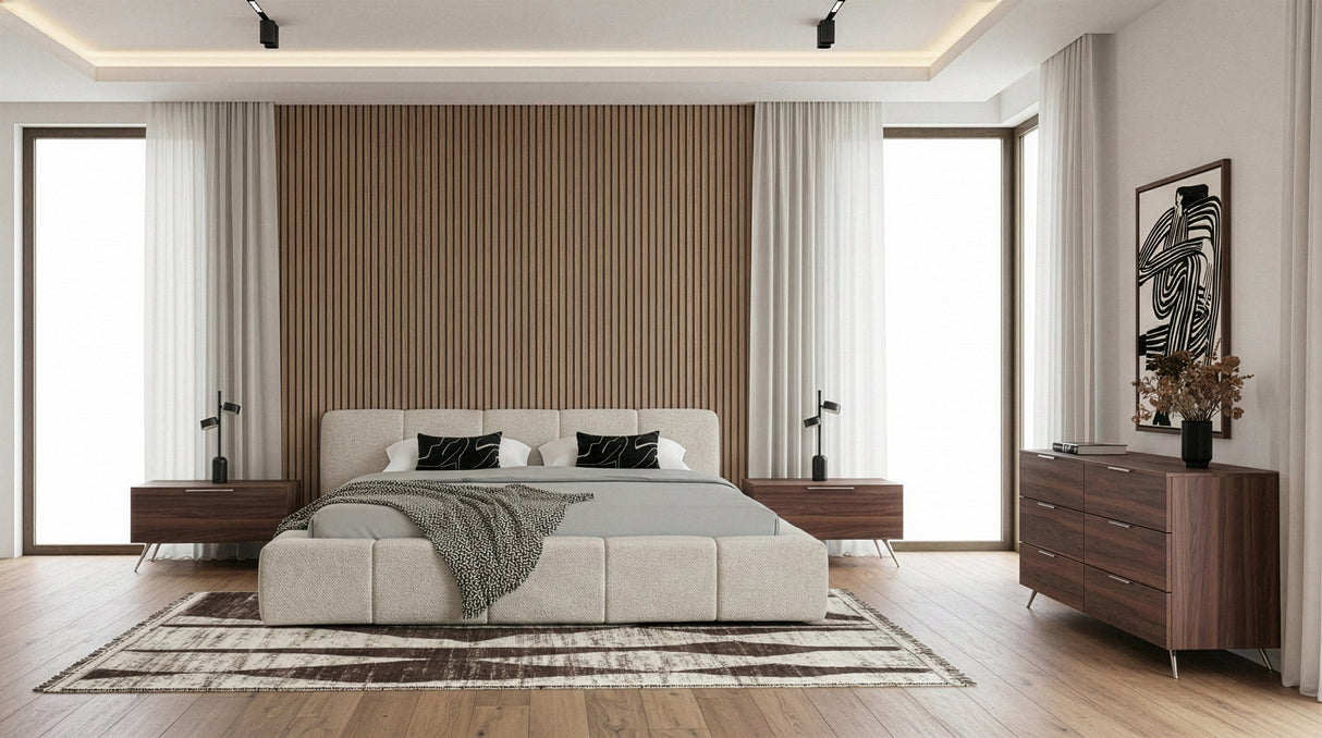 Eastern King Lamont + Brooklyn - Modern Beige Fabric + Walnut 4-Piece Bedroom Set - View Image 1