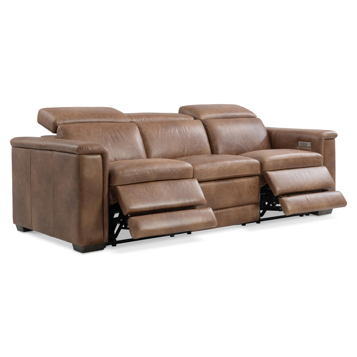 Lioni Leather Power Motion Sofa by Bernhardt in Brown Leather, showcasing power recline features and rich upholstery