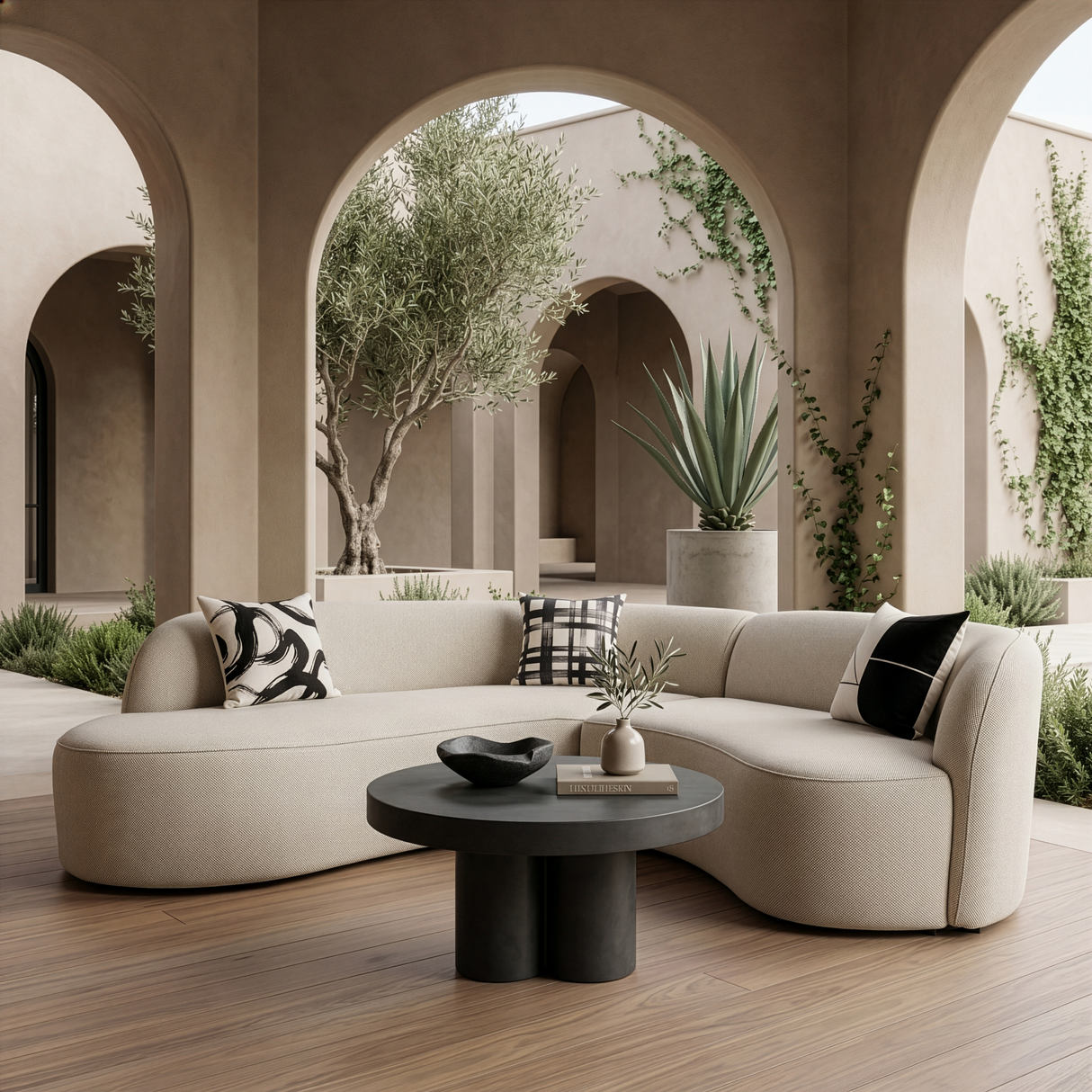 Lucena - Outdoor Oyster Olefin Fabric Curved Sectional Sofa - View Image 1