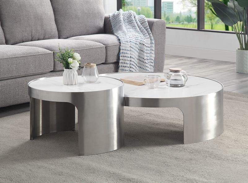 Abilene Nesting Coffee Table Set LV00223 Marble Top & Brush Silver Finish | Acme | Home Elegance USA