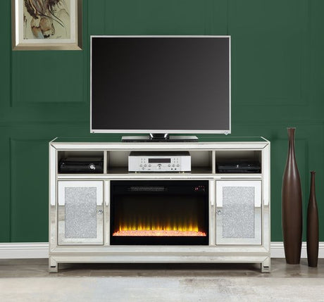 Acme - Noralie Tv Stand W/Fireplace LV00310 Mirrored & Faux Diamonds