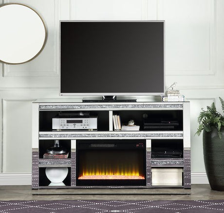 Acme - Noralie Tv Stand W/Fireplace LV00311 Mirrored & Faux Diamonds