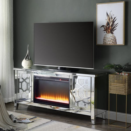 Acme - Noralie Tv Stand W/Fireplace LV00312 Mirrored & Faux Diamonds