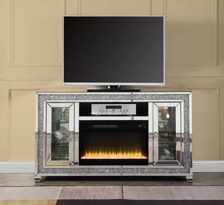 Acme - Noralie Tv Stand W/Fireplace & Led LV00316 Mirrored & Faux Diamonds