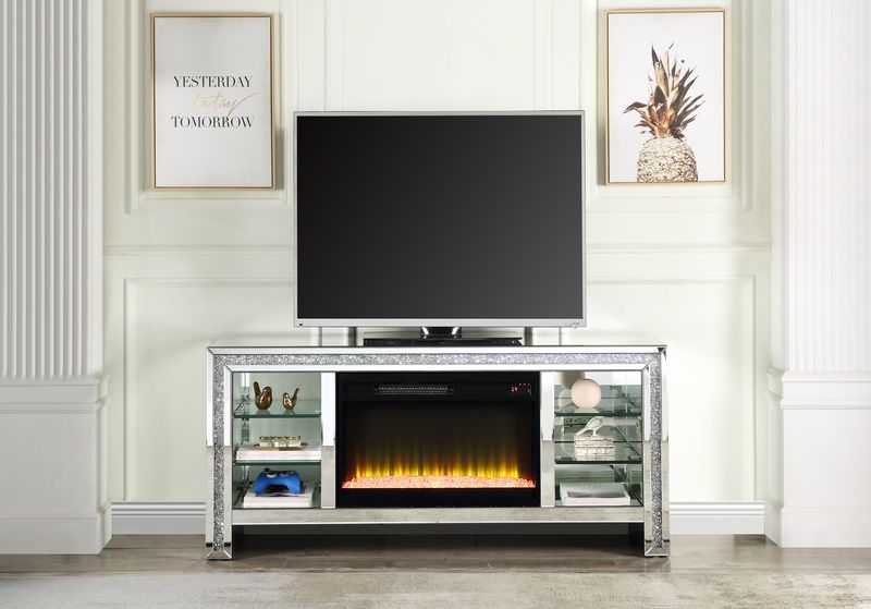 Acme - Noralie Tv Stand W/Fireplace & Led LV00317 Mirrored & Faux Diamonds
