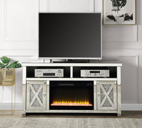 Acme - Noralie Tv Stand W/Fireplace LV00318 Mirrored & Faux Diamonds