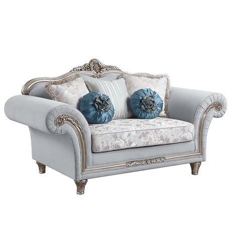 Acme - Pelumi Loveseat W/5 Pillows LV01113 Light Gray Linen & Platinum Finish