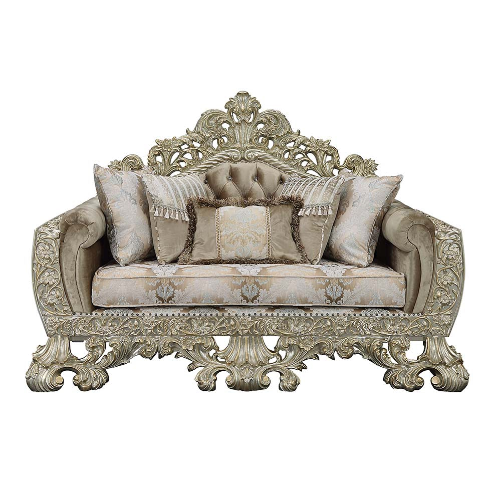Acme - Sorina Loveseat W/5 Pillows LV01206 Velvet, Fabric & Antique Gold Finish