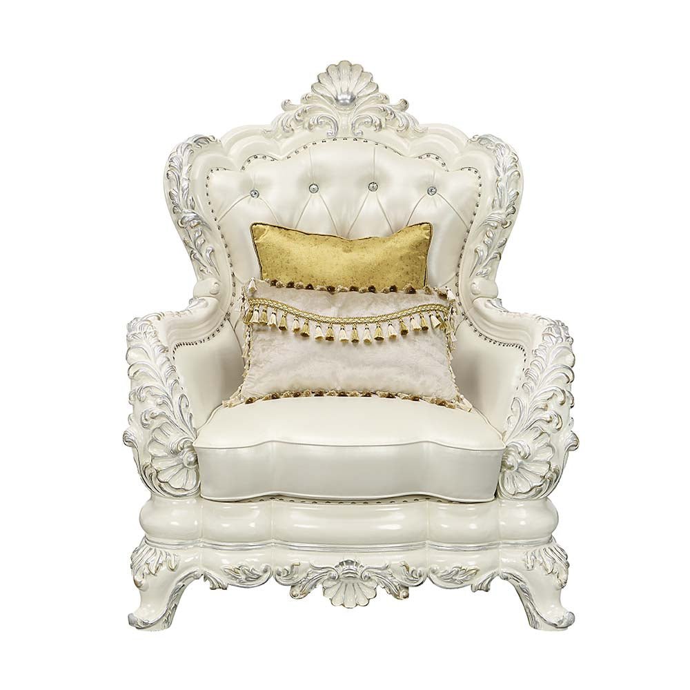 Adara Chair W/2 Pillows LV01226 Pearl White Synthetic Leather & Antique White Finish | Acme | Home Elegance USA