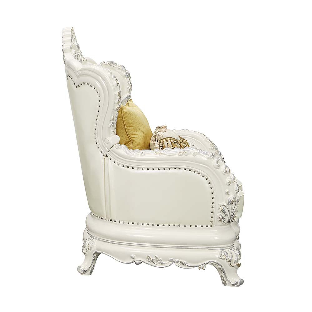 Adara Chair W/2 Pillows LV01226 Pearl White Synthetic Leather & Antique White Finish | Acme | Home Elegance USA