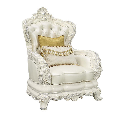 Adara Chair W/2 Pillows LV01226 Pearl White Synthetic Leather & Antique White Finish | Acme | Home Elegance USA