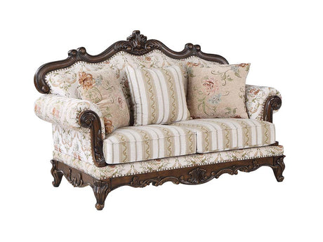 Acme - Nayla Loveseat W/3 Pillows LV01274 Pattern Fabric & Cherry Finish