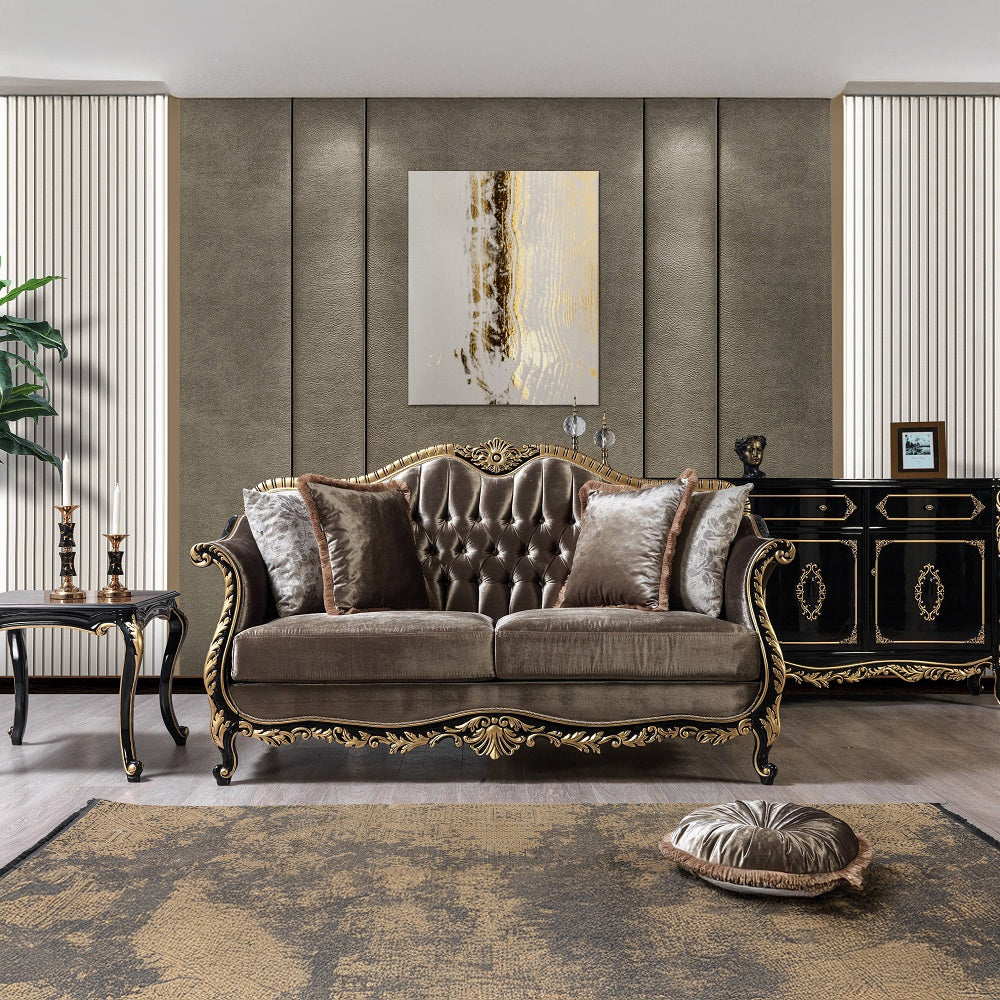 Betria Loveseat W/4 Pillows LV01888 Light Green Velvet, Gold & Black High Gloss Finish | Acme - Home Elegance USA