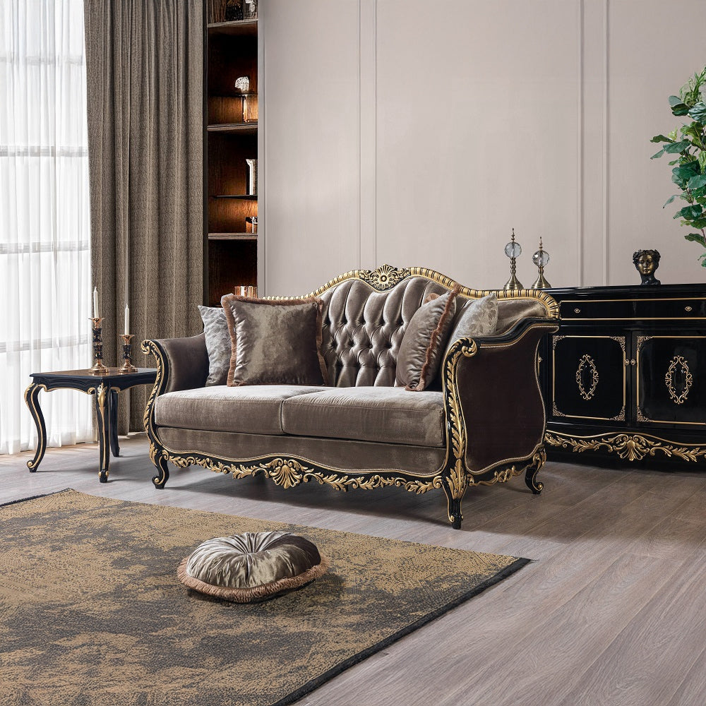 Betria Loveseat W/4 Pillows LV01888 Light Green Velvet, Gold & Black High Gloss Finish | Acme - Home Elegance USA