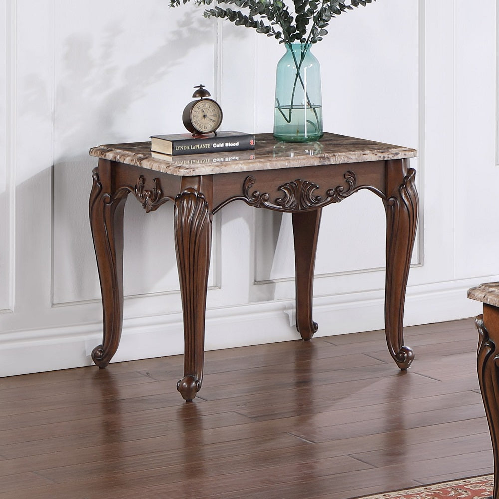 Acme - Nayla End Table LV02005 Natural Marble Top & Cherry Finish