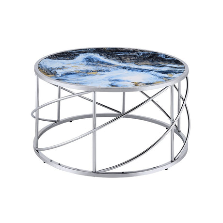 Acme - Lyda Coffee Table LV02095 Blue Marble Print & Chrome Finish