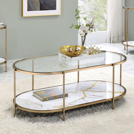 Acme - Fiorella Coffee Table LV02225 White Marble Paint & Champagne Finish