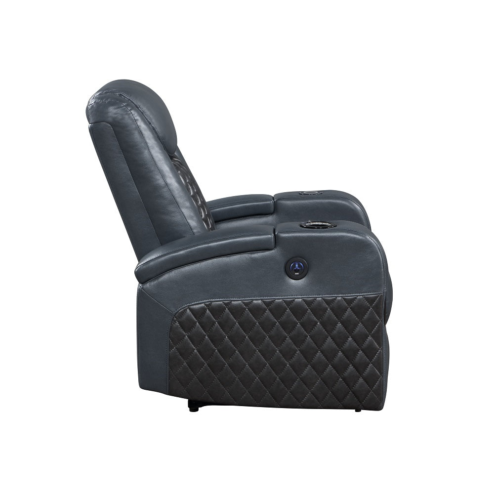 Alair Power Motion Recliner W/Bluetooth, Wireless Charger & Cupholder LV02459 Blue & Black Leather Aire | Acme | Home Elegance USA