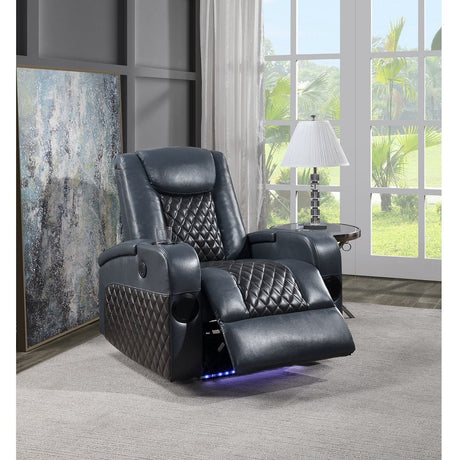 Alair Power Motion Recliner W/Bluetooth, Wireless Charger & Cupholder LV02459 Blue & Black Leather Aire | Acme | Home Elegance USA