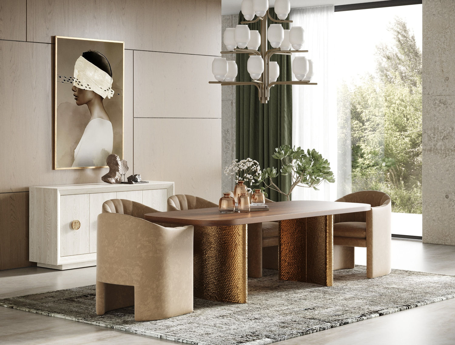 Modern dining room with a wooden table and chairs, white walls, and decorative elements.