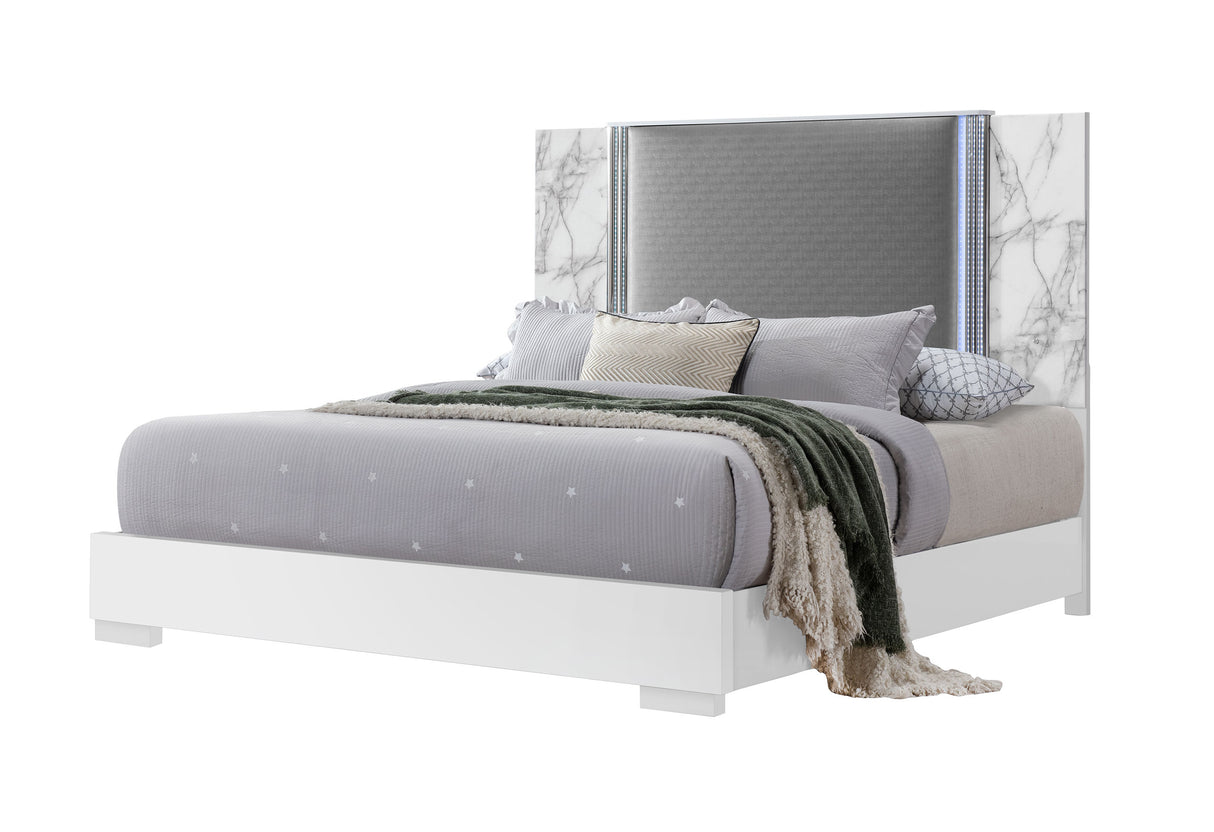 Ylime White Marble King Bed Fully Slatted With Led | Global