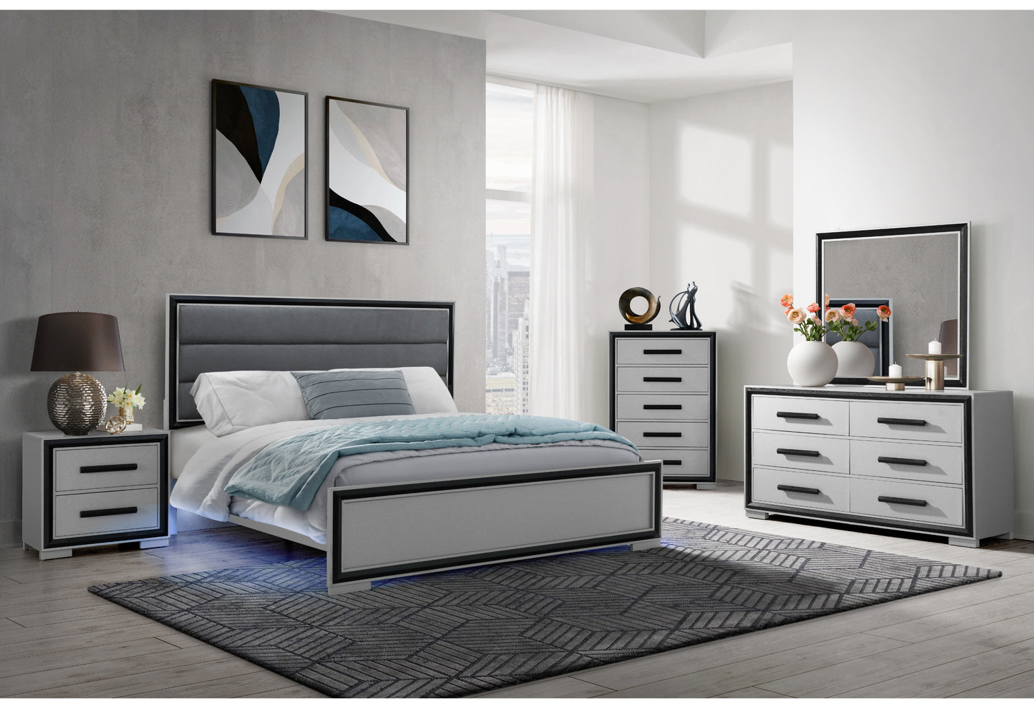 Amelia Grey Black Queen Bed W/Led | Global