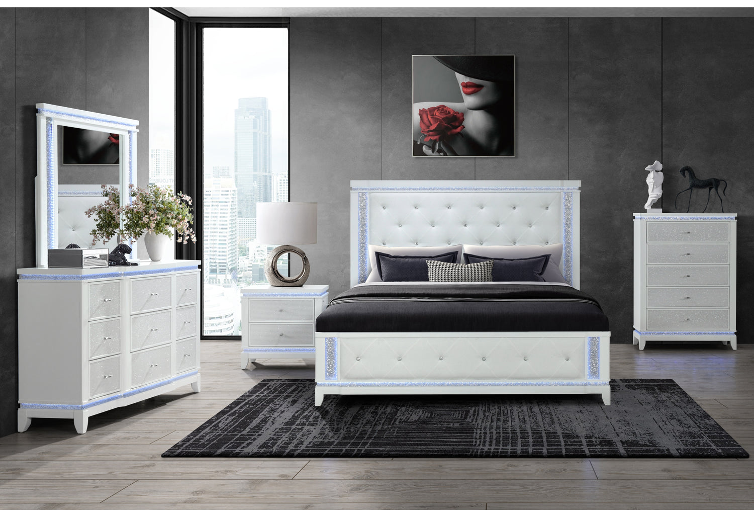 Alina White Queen Bed With Led | Global - Home Elegance USA