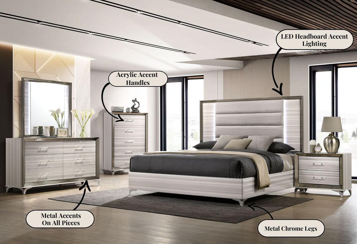 Zambrano Queen Bedroom Set White Lacquer with LED - Global Furniture USA - Home Elegance USA