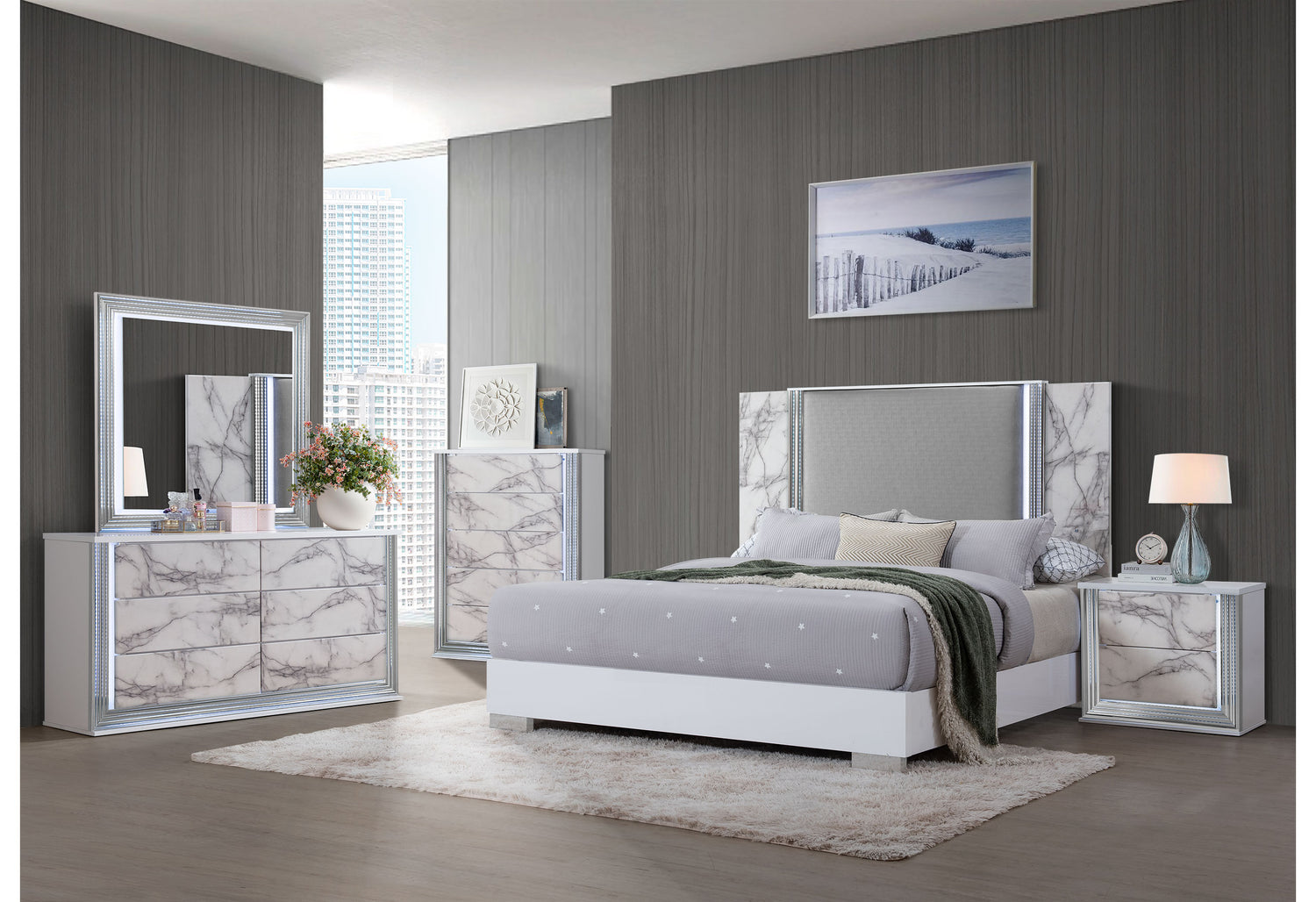 Ylime White Marble Nightstand With Led | Global Furniture USA